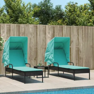 Sun Loungers 2 pcs with Canopies and Table Black Poly Rattantanning Chair Patio Chairs Camping Chairs Recliner chairSuitable for Gardens, courtyards