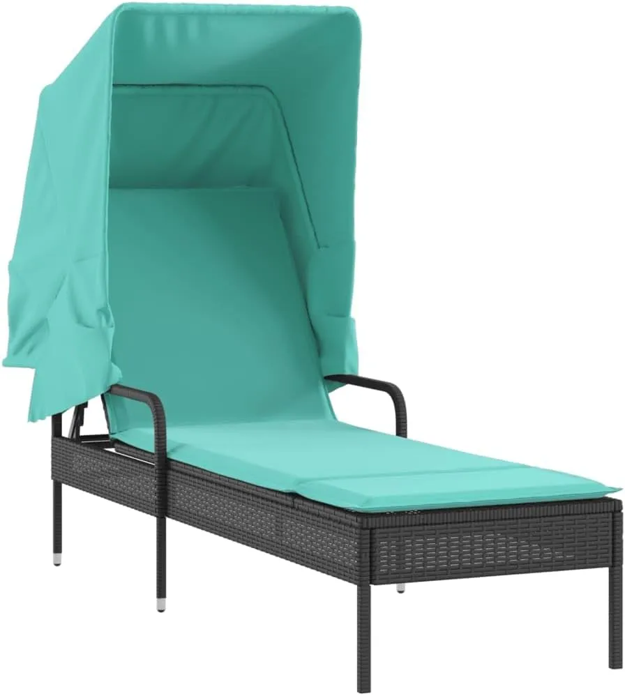 Sun Loungers 2 pcs with Canopies and Table Black Poly Rattantanning Chair Patio Chairs Camping Chairs Recliner chairSuitable for Gardens, courtyards