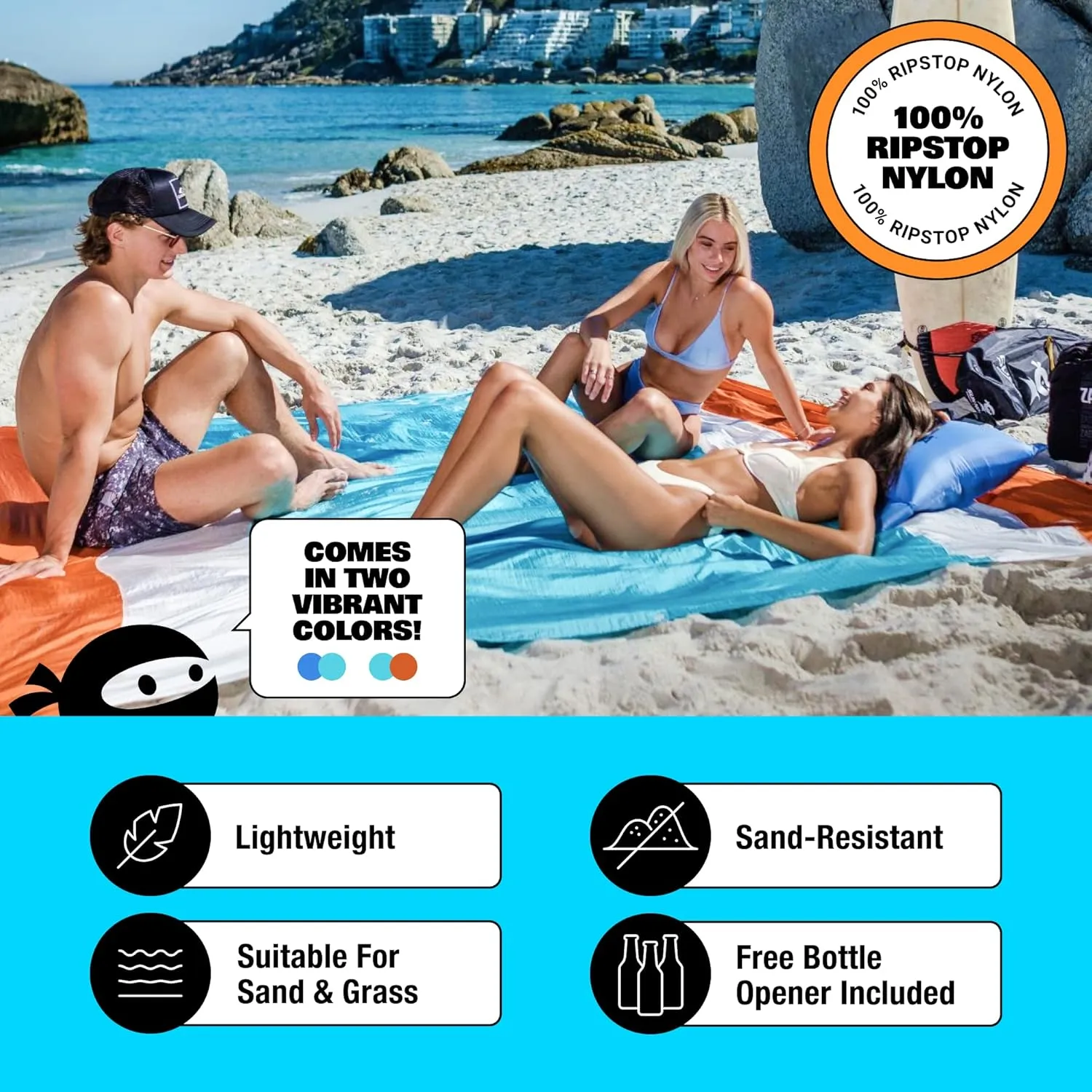 SUN NINJA Sand-Free Beach Blanket - 10ft X 9ft Lightweight Outdoor Blanket with Storage, Bottle Opener, Carabiner, Shoulder Strap, Corner Sand Pockets & 4 Stakes