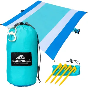 SUN NINJA Sand-Free Beach Blanket - 10ft X 9ft Lightweight Outdoor Blanket with Storage, Bottle Opener, Carabiner, Shoulder Strap, Corner Sand Pockets & 4 Stakes