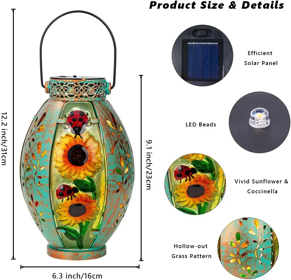 Sunflower Solar Lanterns Outdoor Waterproof,Hanging Solar Lantern,Sunflower Lanterns Decorative Outdoor,Glass & Metal Solar Lights for Tabletop Patio Porch Decor
