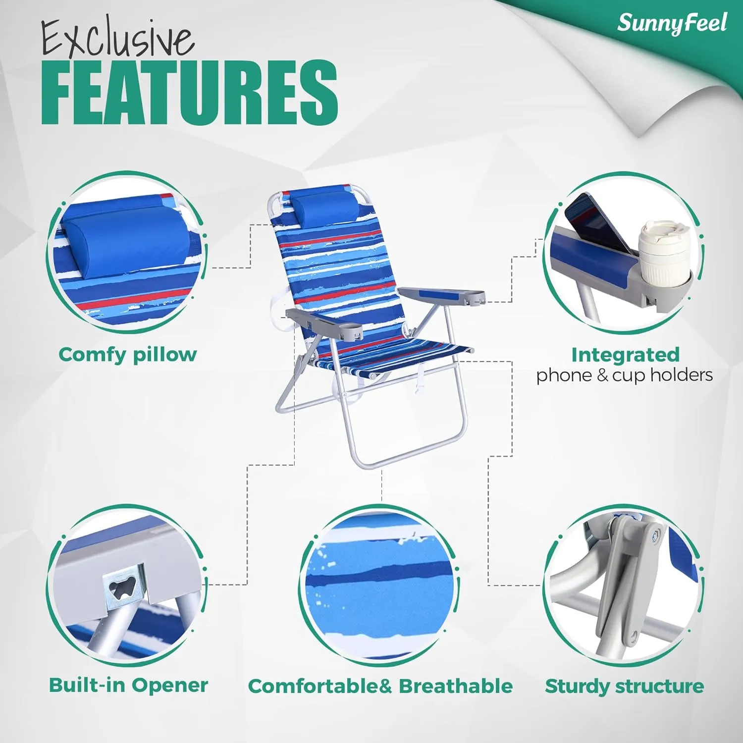 SUNNYFEEL 17" Tall Oversized Beach Chairs 2 Pack for Adults Heavy Duty 500 LBS, 5 Position, Portable High Folding Camping Chair with Cup Holder for Outdoor/Lawn/Trip, Foldable Sand Chairs for Adults