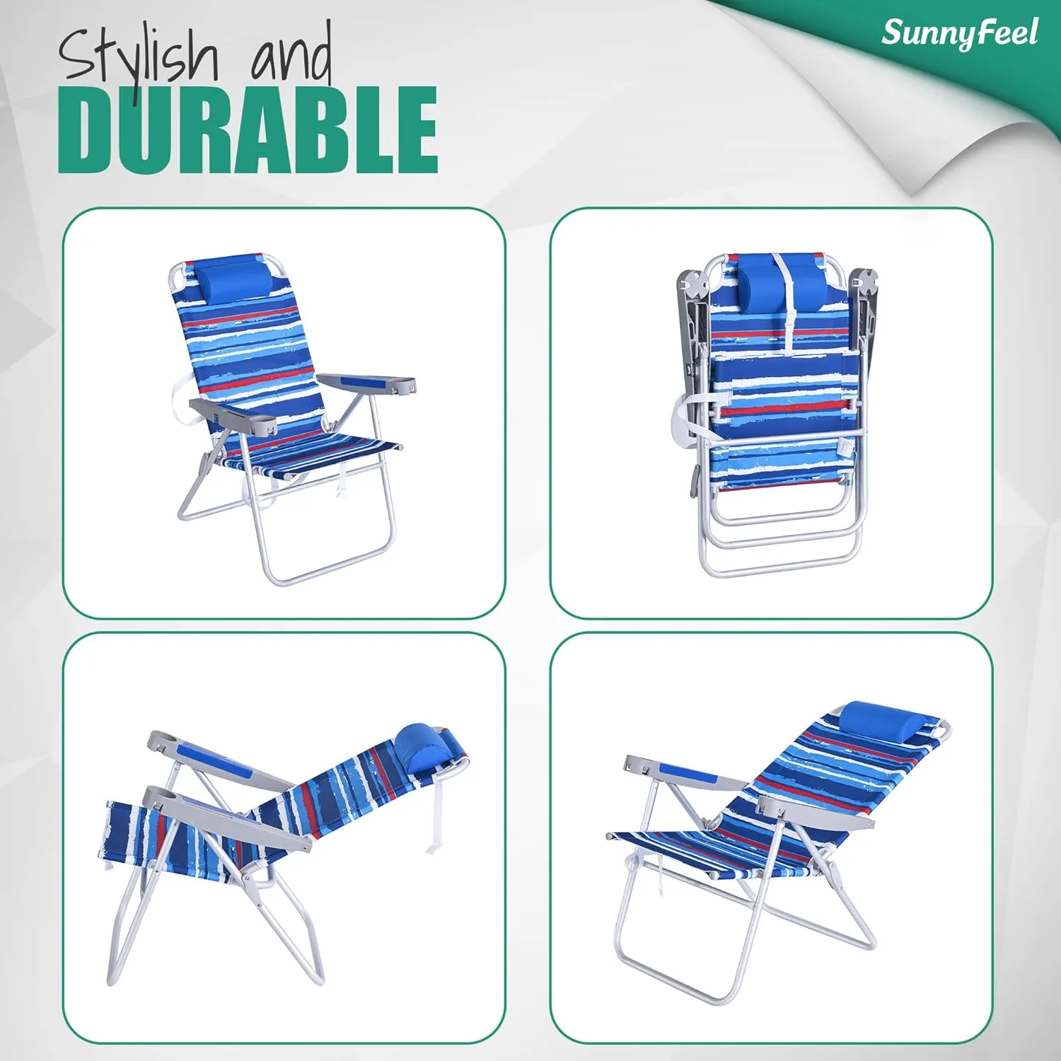 SUNNYFEEL 17" Tall Oversized Beach Chairs 2 Pack for Adults Heavy Duty 500 LBS, 5 Position, Portable High Folding Camping Chair with Cup Holder for Outdoor/Lawn/Trip, Foldable Sand Chairs for Adults