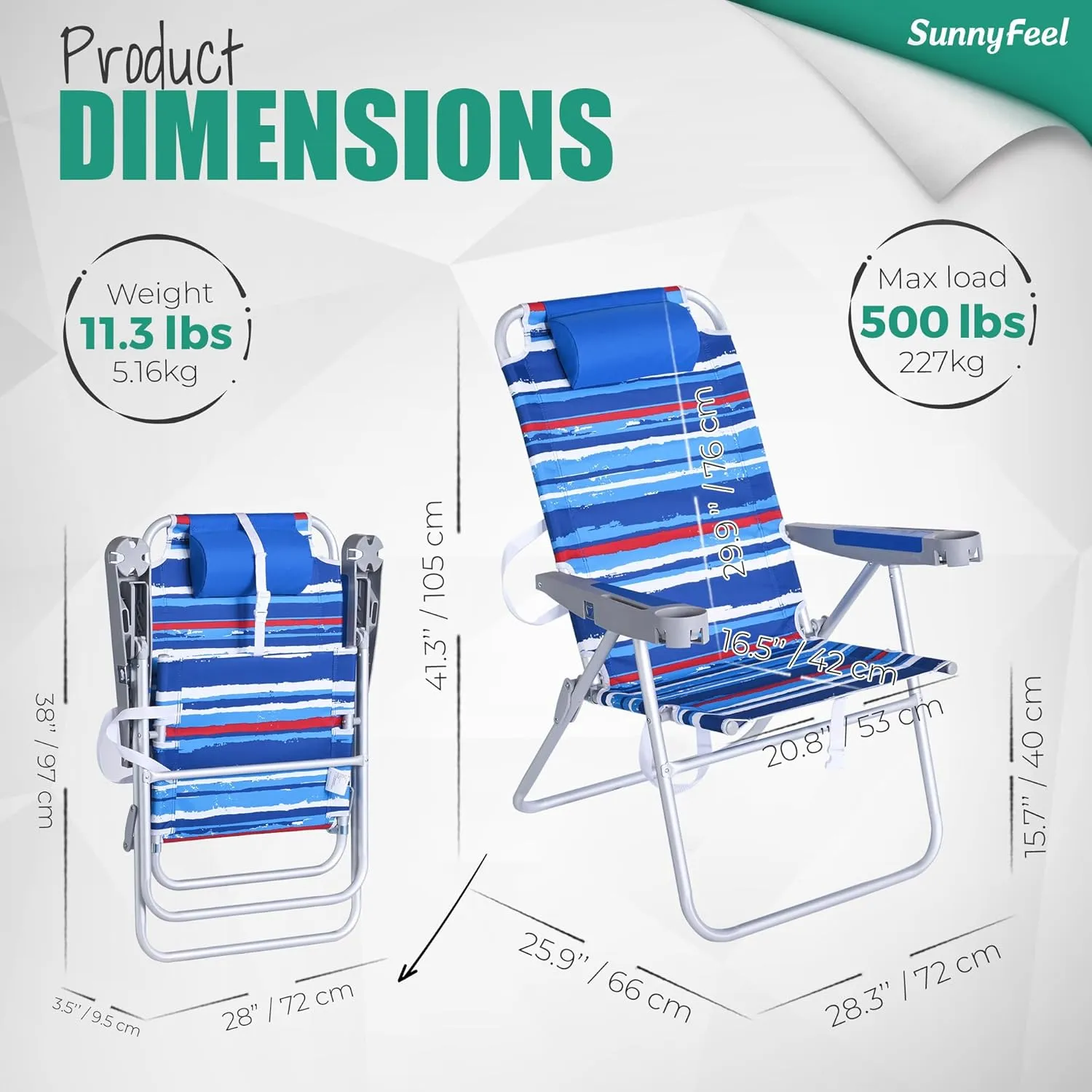 SUNNYFEEL 17" Tall Oversized Beach Chairs 2 Pack for Adults Heavy Duty 500 LBS, 5 Position, Portable High Folding Camping Chair with Cup Holder for Outdoor/Lawn/Trip, Foldable Sand Chairs for Adults