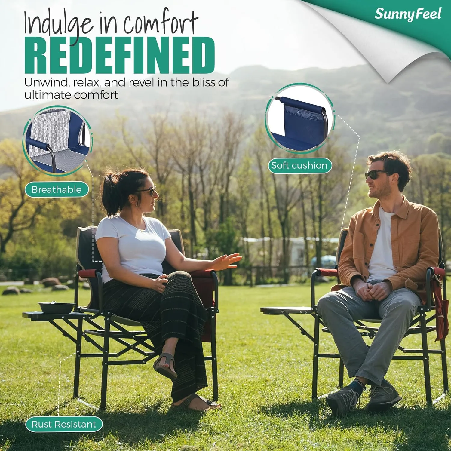 SUNNYFEEL Camping Directors Chair, Heavy Duty,Oversized Portable Folding Chair with Side Table, Pocket for Beach, Fishing,Trip,Picnic,Lawn,Concert Outdoor Foldable Camp Chairs