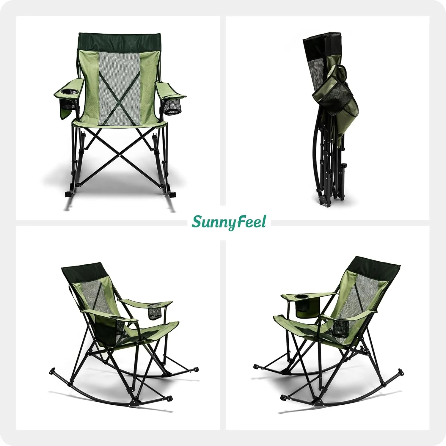 SUNNYFEEL Rocking Camping Chair, Luxury Padded Recliner, Oversized Folding Lawn Chair with Pocket, Heavy Duty for Outdoor/Picnic/Lounge/Patio, Portable Camp Rocker Chairs with Carry Bag