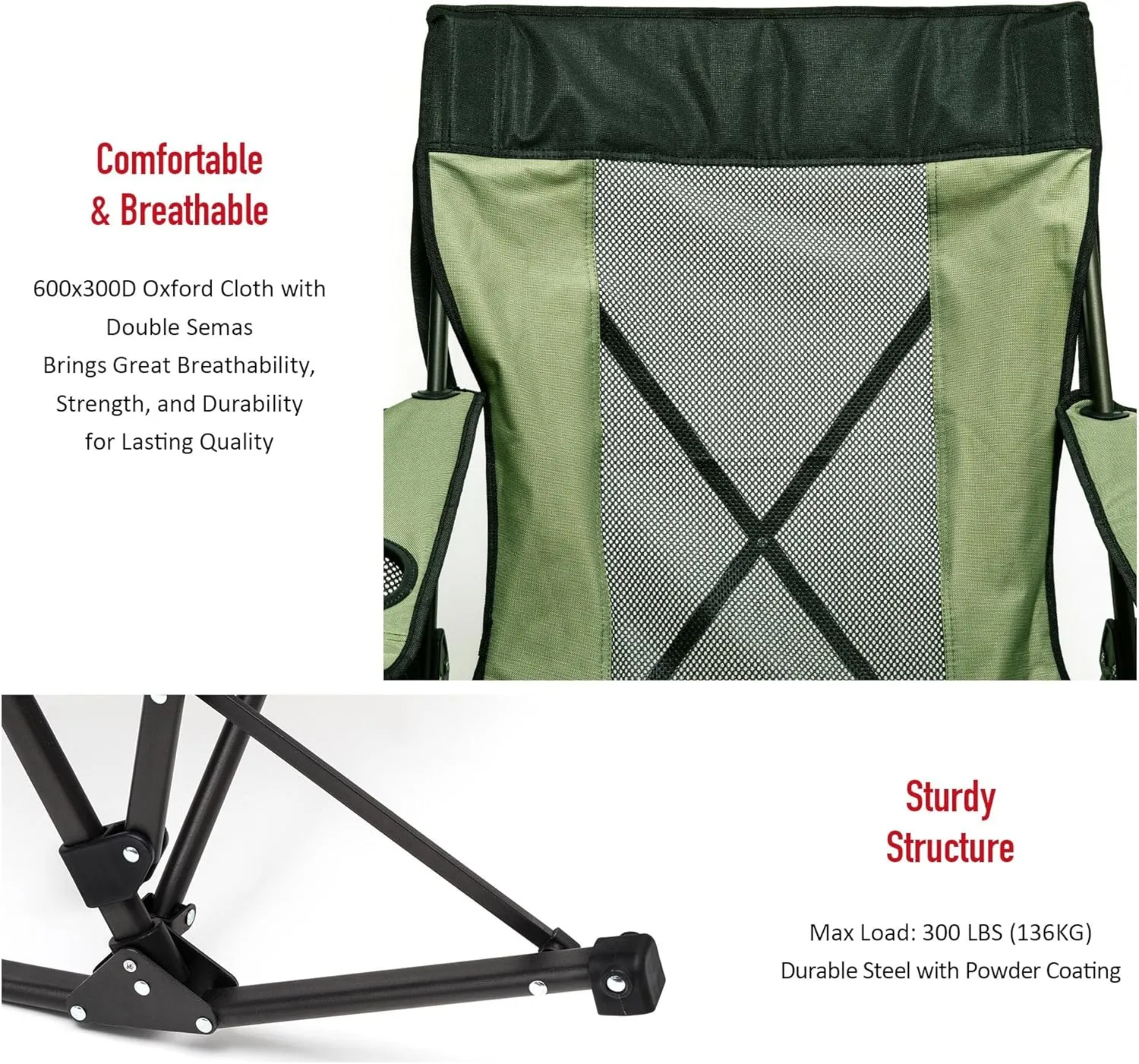 SUNNYFEEL Rocking Camping Chair, Luxury Padded Recliner, Oversized Folding Lawn Chair with Pocket, Heavy Duty for Outdoor/Picnic/Lounge/Patio, Portable Camp Rocker Chairs with Carry Bag