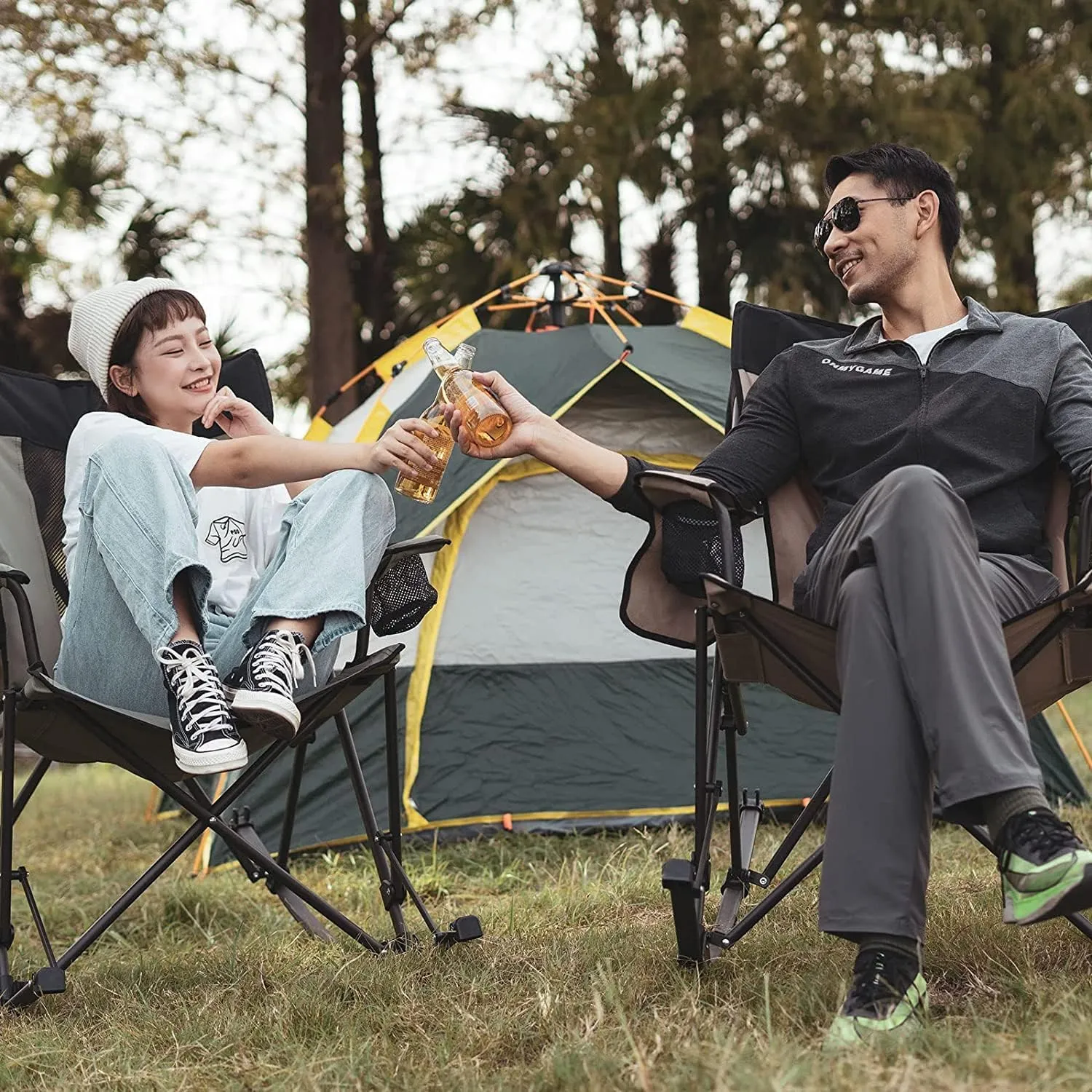 SUNNYFEEL Rocking Camping Chair, Luxury Padded Recliner, Oversized Folding Lawn Chair with Pocket, Heavy Duty for Outdoor/Picnic/Lounge/Patio, Portable Camp Rocker Chairs with Carry Bag