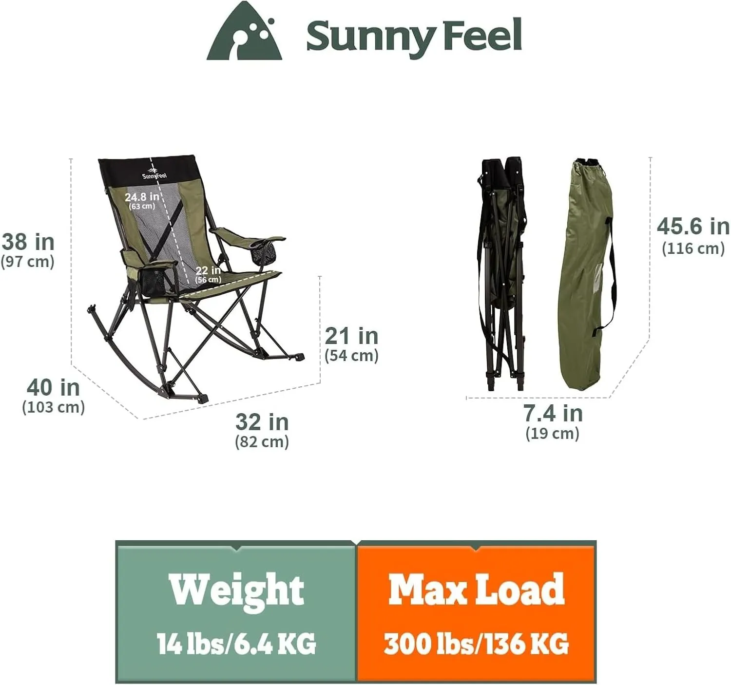 SUNNYFEEL Rocking Camping Chair, Luxury Padded Recliner, Oversized Folding Lawn Chair with Pocket, Heavy Duty for Outdoor/Picnic/Lounge/Patio, Portable Camp Rocker Chairs with Carry Bag
