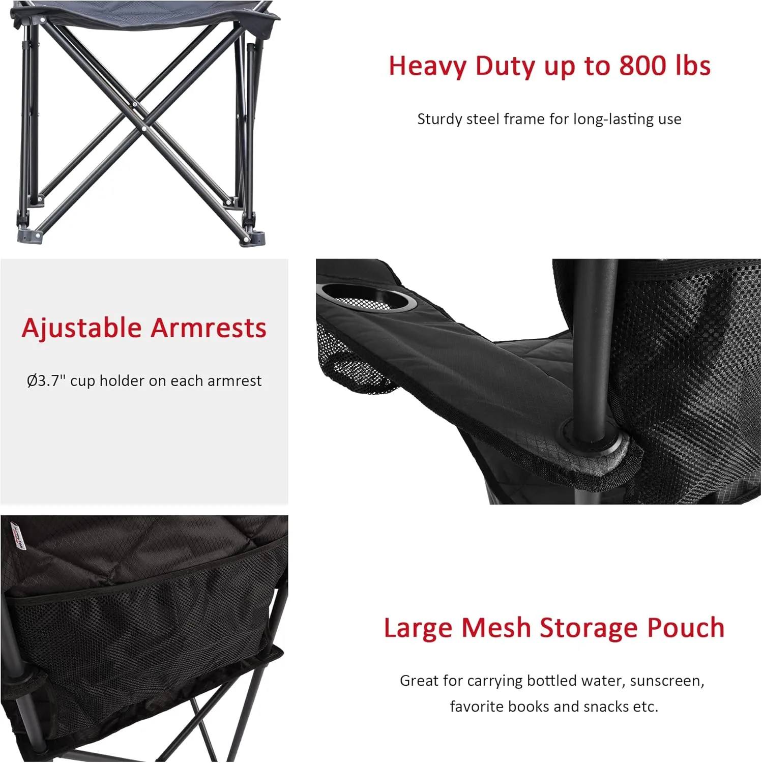 SUNNYFEEL XXL Oversized Camping Chair Heavy Duty 800 LBS for Big Tall People Padded Portable Folding Quad Lawn Chairs with Armrest Cup Holder & Pocket for Outdoor/Travel/Picnic/Camp/Sports