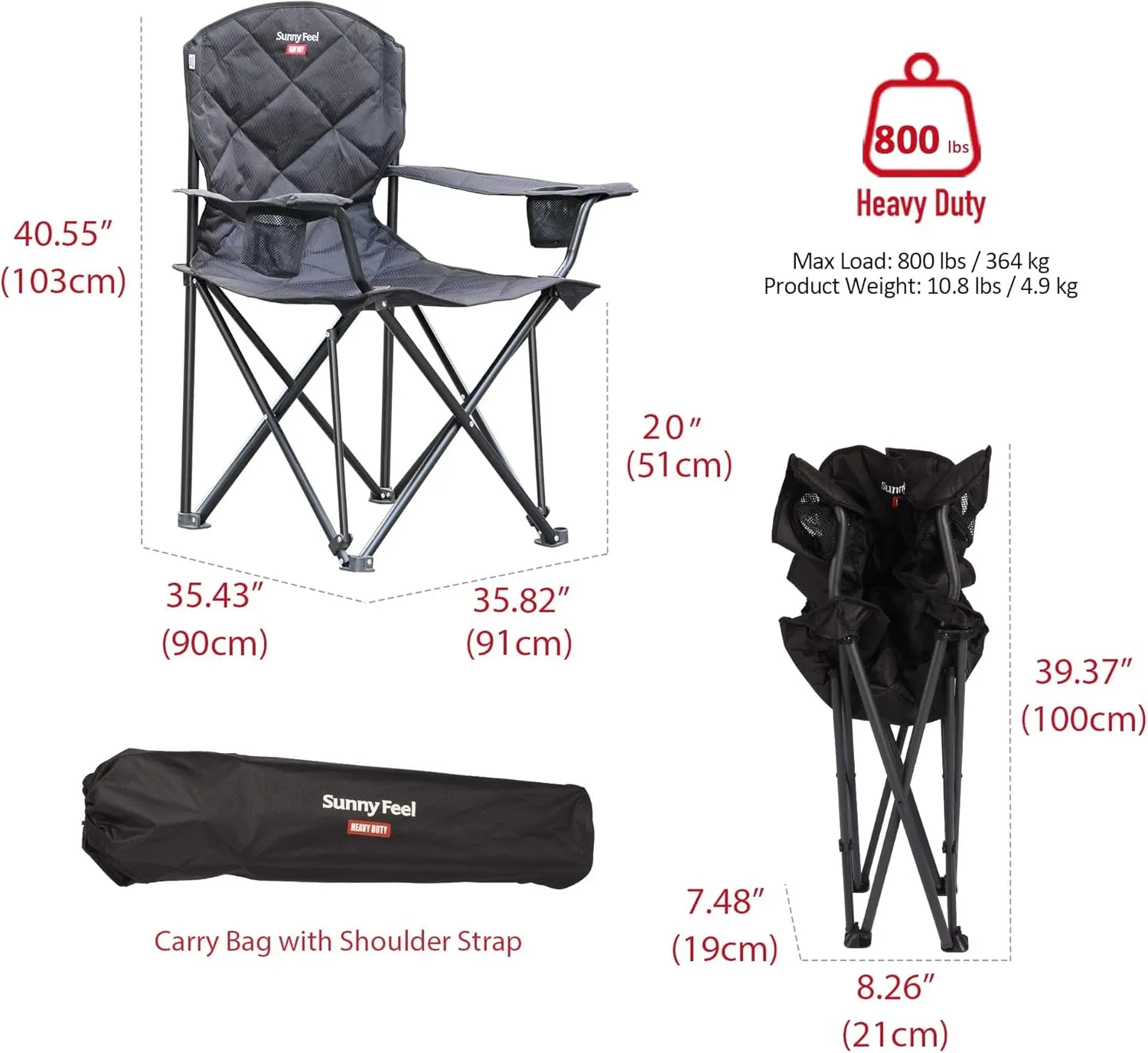SUNNYFEEL XXL Oversized Camping Chair Heavy Duty 800 LBS for Big Tall People Padded Portable Folding Quad Lawn Chairs with Armrest Cup Holder & Pocket for Outdoor/Travel/Picnic/Camp/Sports