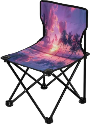 Sunset Coconut Tree Portable Outdoor Folding Chair Anti-Slip Padded Oxford Cloth Stool Camping Chair Small for Beach Hiking Fishing Gardening Quad Camp Chair