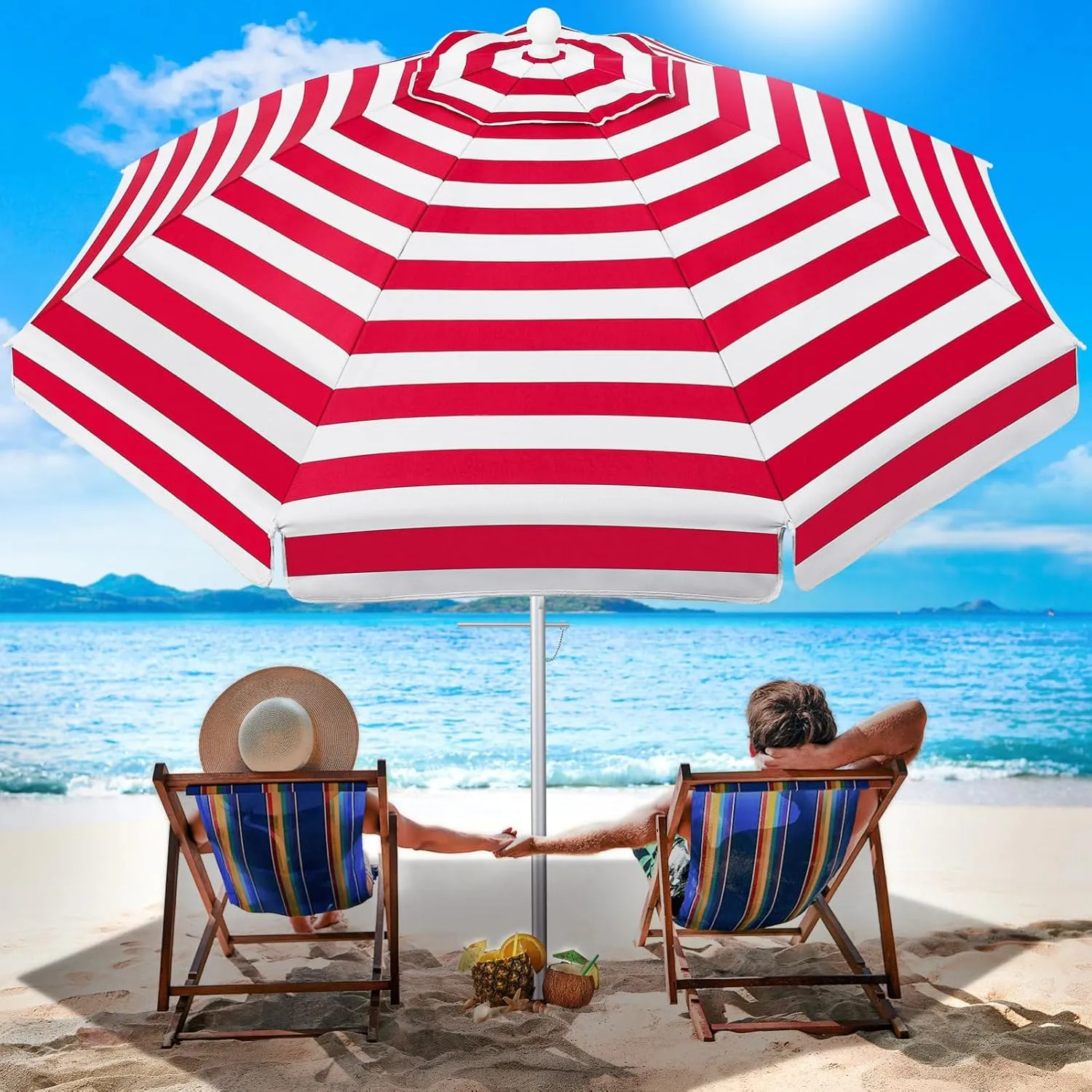 SUPVOX 1PC 6.5 Feet Striped Beach Umbrella: UV Protection Sand Umbrella with Aluminum Pole - Adjustable Patio Canopy with Sand Anchor and Carry Bag