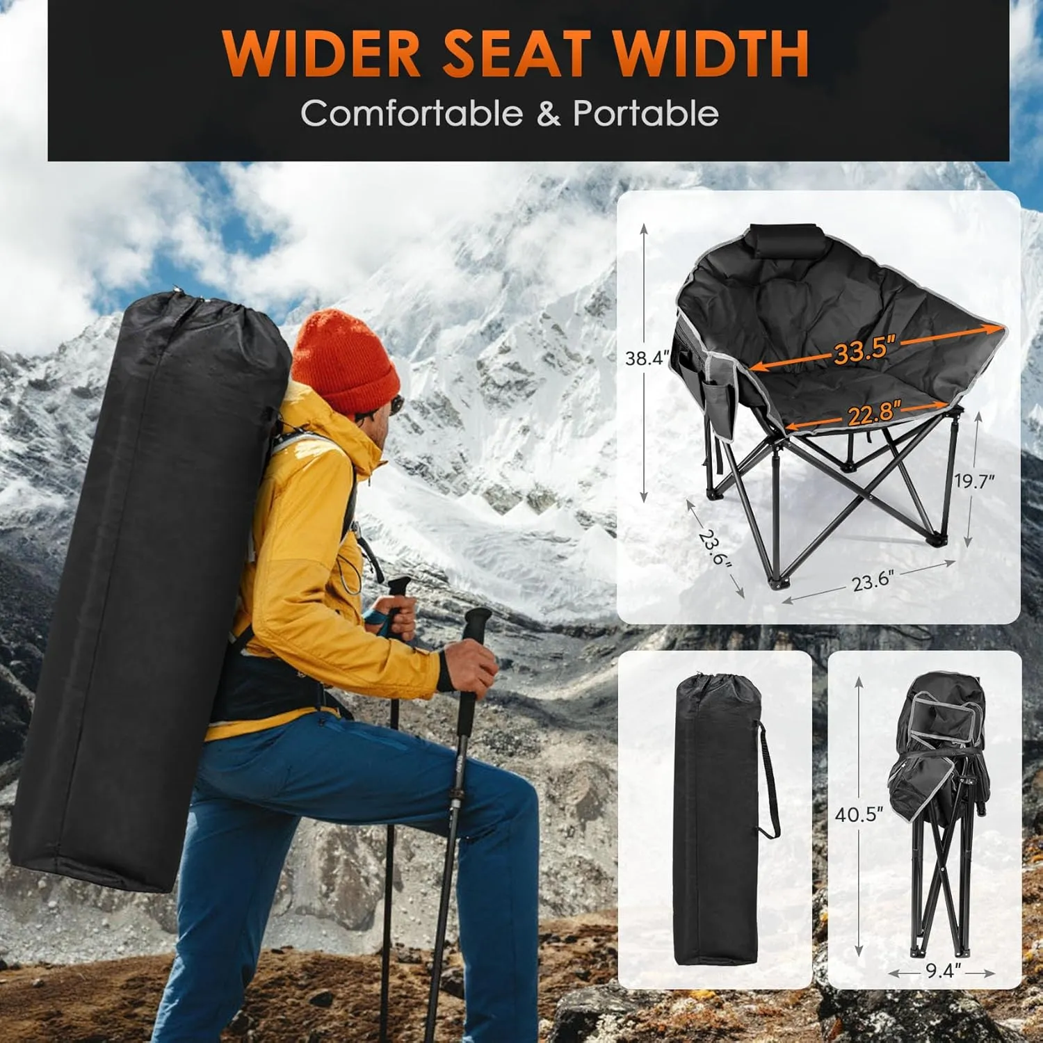 Suteck Heated Camping Chair, Oversized Heated Chairs Outdoor Sports W/3 Control Levels for Back & Seat, Portable Folding Heated Outdoor Chair for Patio Travel, (Battery NOT Included)