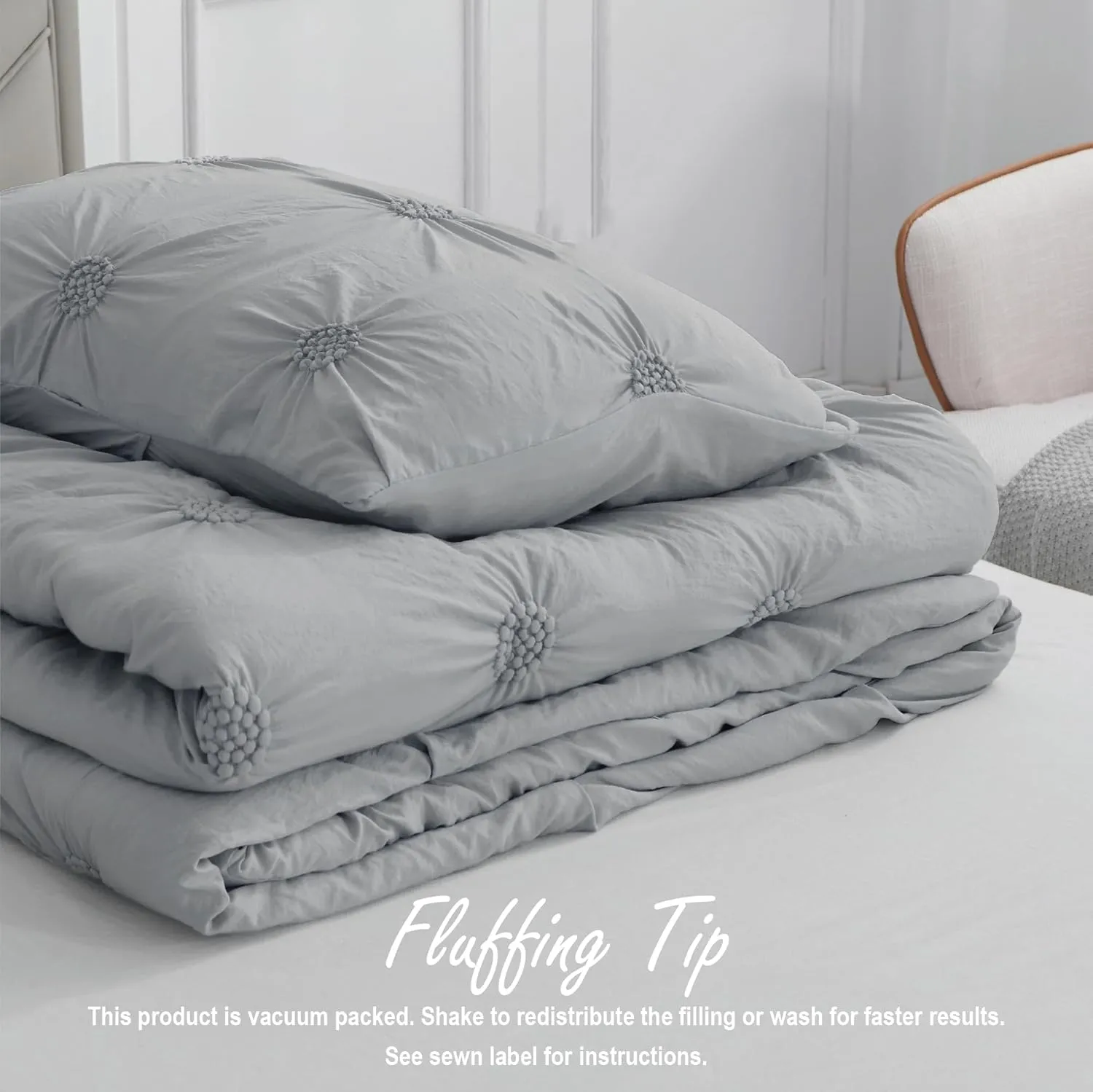 Swift Home King Gray Comforter Set - Ruched 3D Floral Pintuck Bedding Set - 3 Pieces Bed Linen, 1 Comforter and 2 Pillow Shams