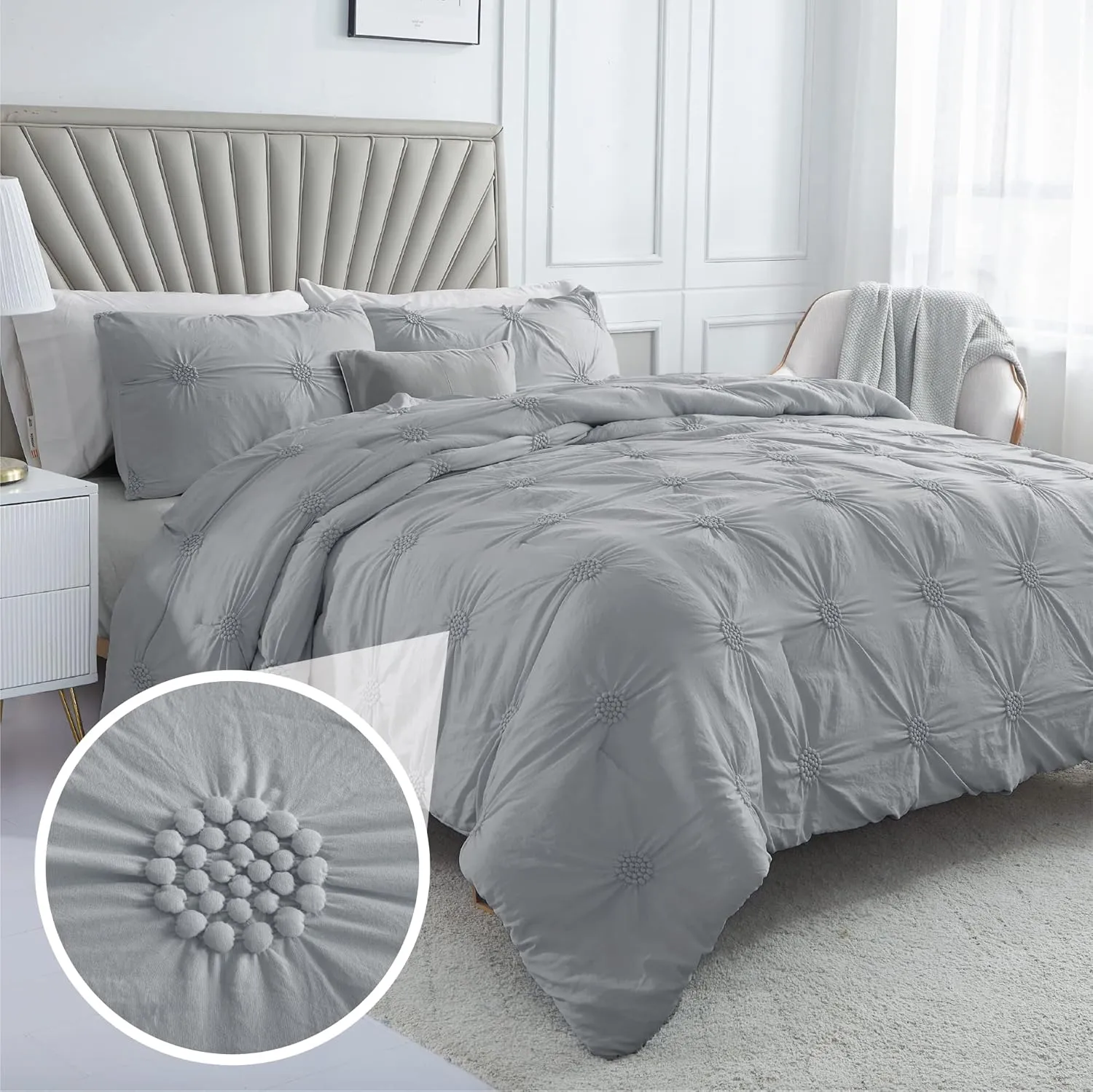 Swift Home King Gray Comforter Set - Ruched 3D Floral Pintuck Bedding Set - 3 Pieces Bed Linen, 1 Comforter and 2 Pillow Shams