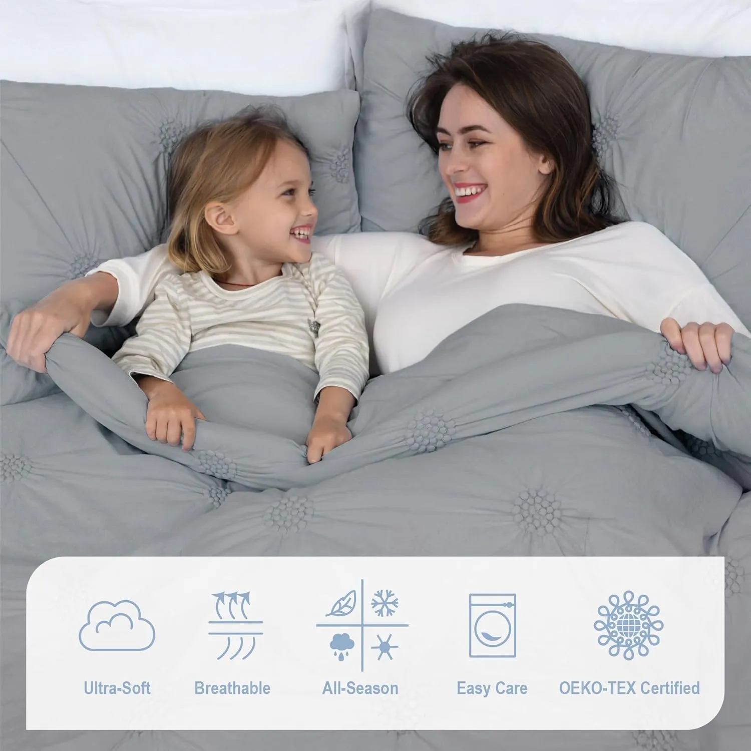 Swift Home King Gray Comforter Set - Ruched 3D Floral Pintuck Bedding Set - 3 Pieces Bed Linen, 1 Comforter and 2 Pillow Shams
