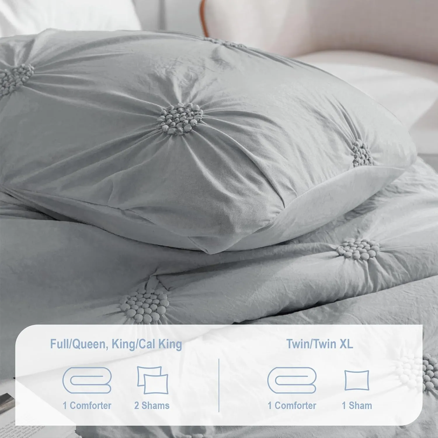 Swift Home King Gray Comforter Set - Ruched 3D Floral Pintuck Bedding Set - 3 Pieces Bed Linen, 1 Comforter and 2 Pillow Shams
