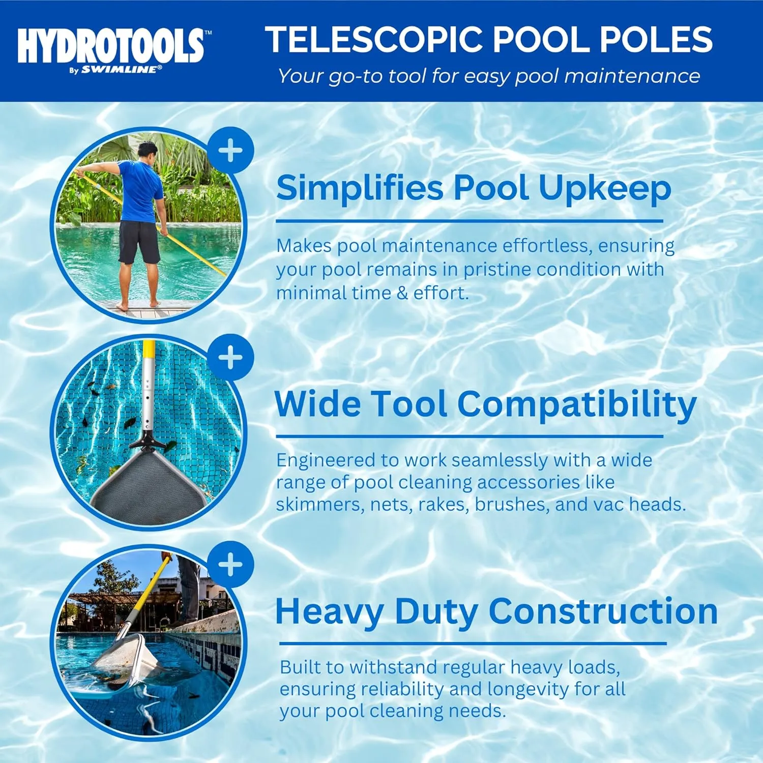 SWIMLINE HYDROTOOLS 8375 2-Piece Professional Grade Fiberglass Telescopic Pole 8 To 16 Feet Adjustable Telepole Swimming Pool Cleaning Skimmer Nets Vacuum Heads & Brushes W/ Strong Grip & Lock