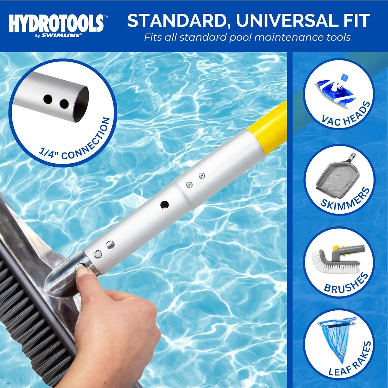 SWIMLINE HYDROTOOLS 8375 2-Piece Professional Grade Fiberglass Telescopic Pole 8 To 16 Feet Adjustable Telepole Swimming Pool Cleaning Skimmer Nets Vacuum Heads & Brushes W/ Strong Grip & Lock