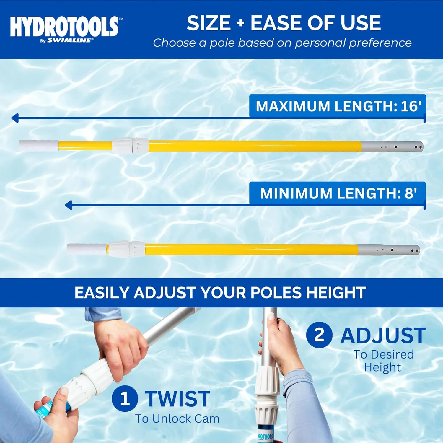 SWIMLINE HYDROTOOLS 8375 2-Piece Professional Grade Fiberglass Telescopic Pole 8 To 16 Feet Adjustable Telepole Swimming Pool Cleaning Skimmer Nets Vacuum Heads & Brushes W/ Strong Grip & Lock