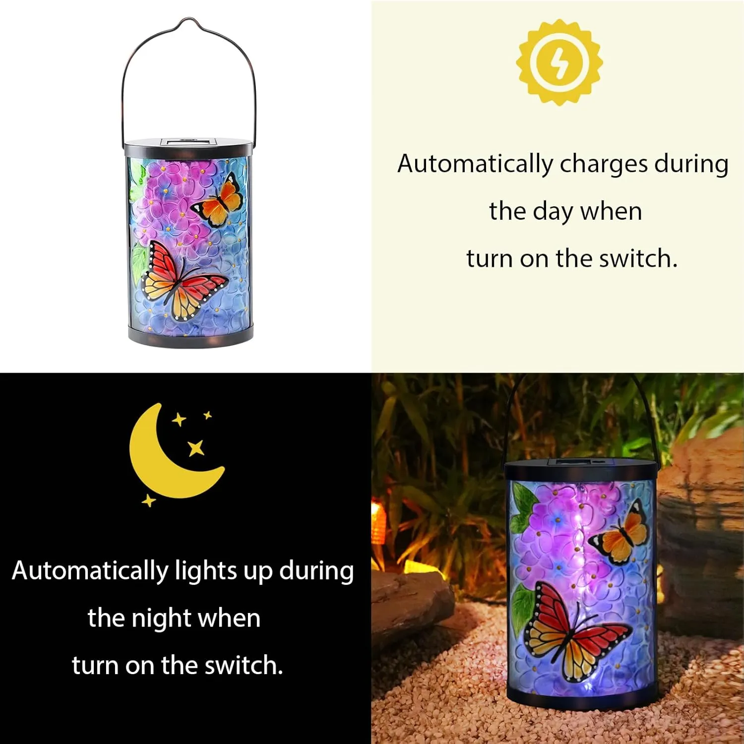 Taman Solar Lantern Outdoor Hanging Glass Butterfly Solar Lights Waterproof LED Lamp for Garden Yard Tree Desk Decor