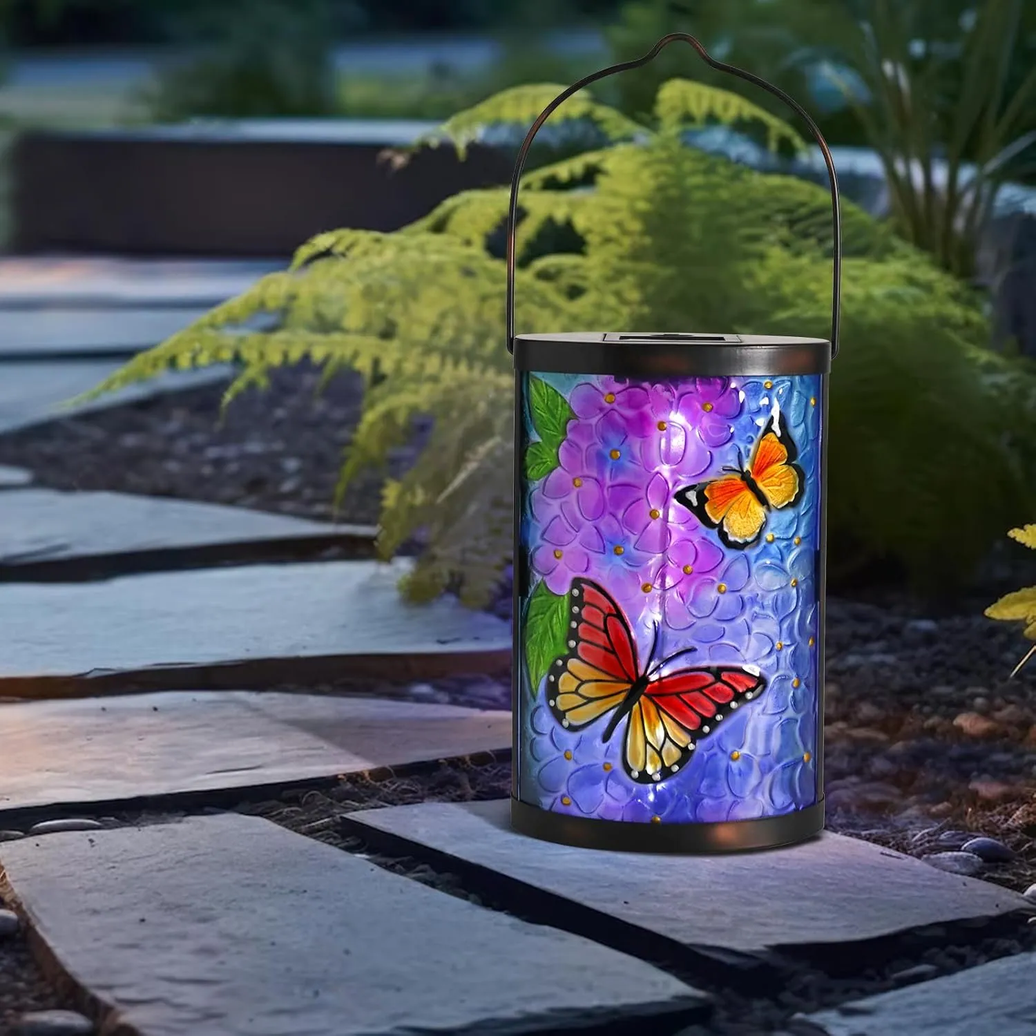 Taman Solar Lantern Outdoor Hanging Glass Butterfly Solar Lights Waterproof LED Lamp for Garden Yard Tree Desk Decor