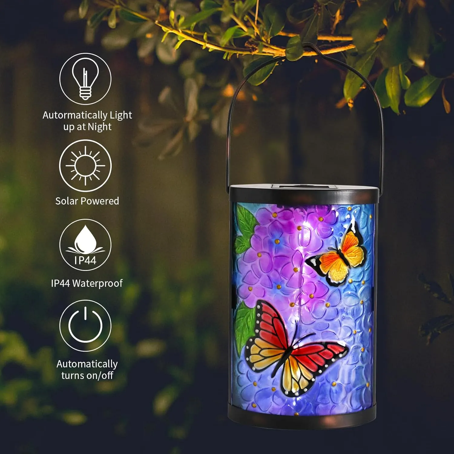 Taman Solar Lantern Outdoor Hanging Glass Butterfly Solar Lights Waterproof LED Lamp for Garden Yard Tree Desk Decor