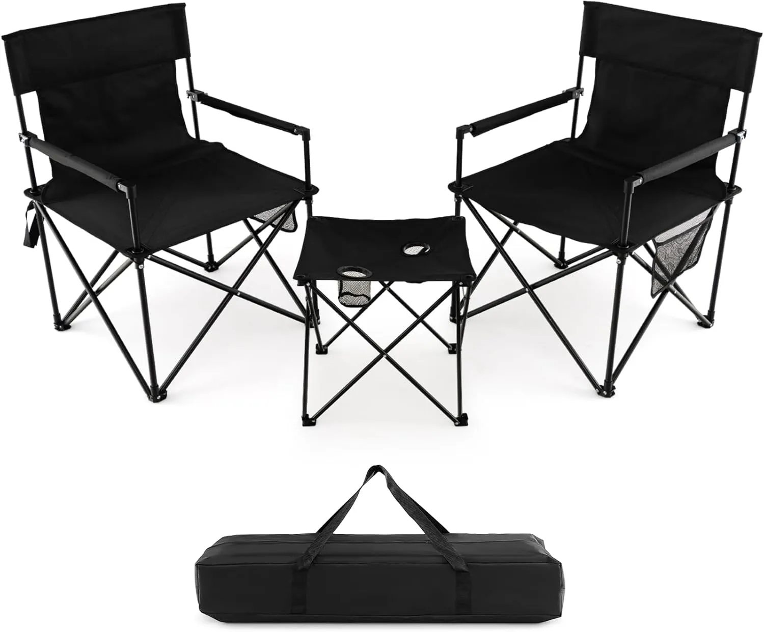 Tangkula 3 Piece Camping Chairs with Table, Portable Folding Lawn Chair with Side Table, Carrying Bag, Side Storage Pocket, 2 Cup Holders, Outdoor Beach Chair Set for Backpacking Travel Camp