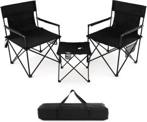 Tangkula 3 Piece Camping Chairs with Table, Portable Folding Lawn Chair with Side Table, Carrying Bag, Side Storage Pocket, 2 Cup Holders, Outdoor Beach Chair Set for Backpacking Travel Camp
