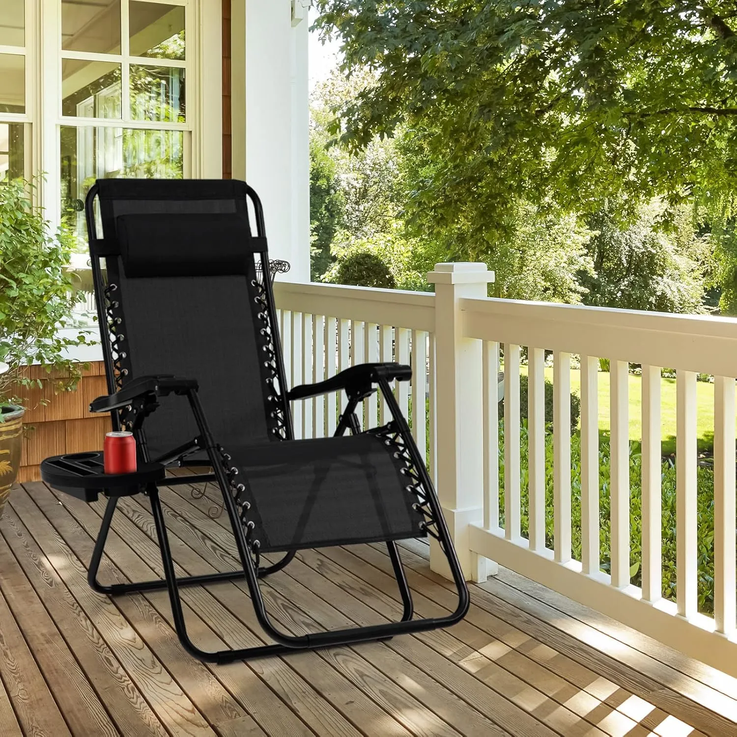 Tangkula Zero Gravity Chair, Folding Patio Lounge Chair Adjustable Outdoor Recliner with Cup Holder, Wide Armrest for Patio Garden Poolside Outdoor Yard Beach, Support 350 lbs (1, Black)