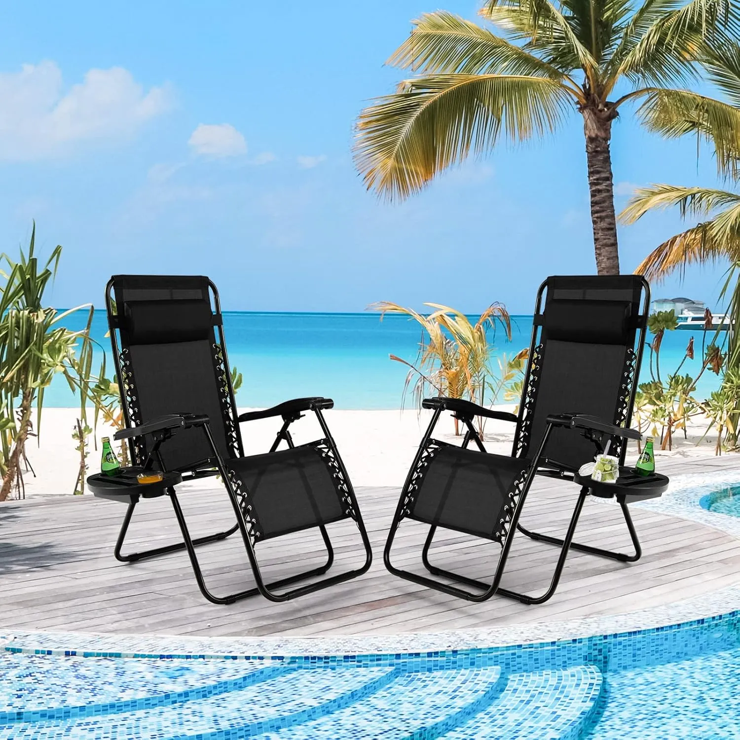Tangkula Zero Gravity Chair, Folding Patio Lounge Chair Adjustable Outdoor Recliner with Cup Holder, Wide Armrest for Patio Garden Poolside Outdoor Yard Beach, Support 350 lbs (1, Black)