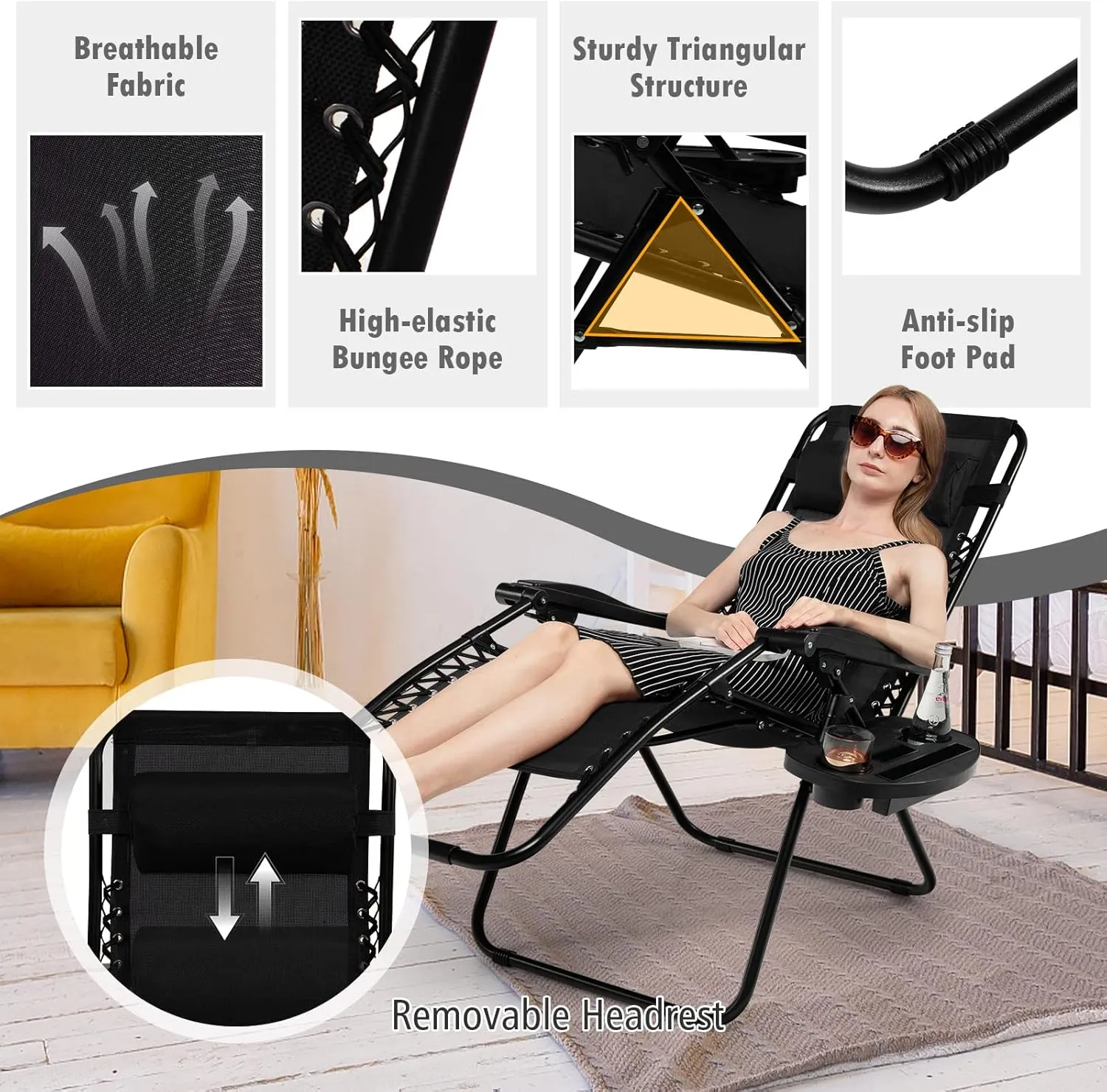 Tangkula Zero Gravity Chair, Folding Patio Lounge Chair Adjustable Outdoor Recliner with Cup Holder, Wide Armrest for Patio Garden Poolside Outdoor Yard Beach, Support 350 lbs (1, Black)