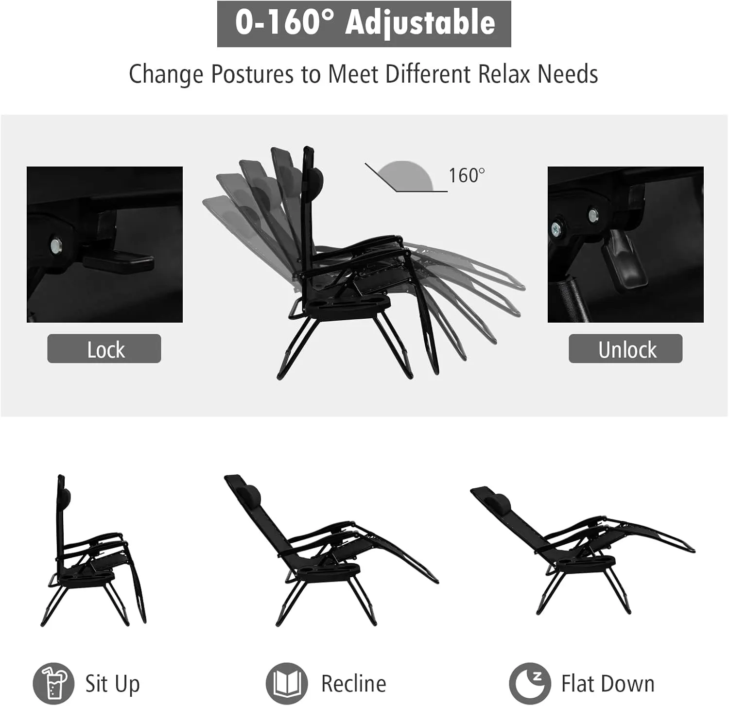 Tangkula Zero Gravity Chair, Folding Patio Lounge Chair Adjustable Outdoor Recliner with Cup Holder, Wide Armrest for Patio Garden Poolside Outdoor Yard Beach, Support 350 lbs (1, Black)