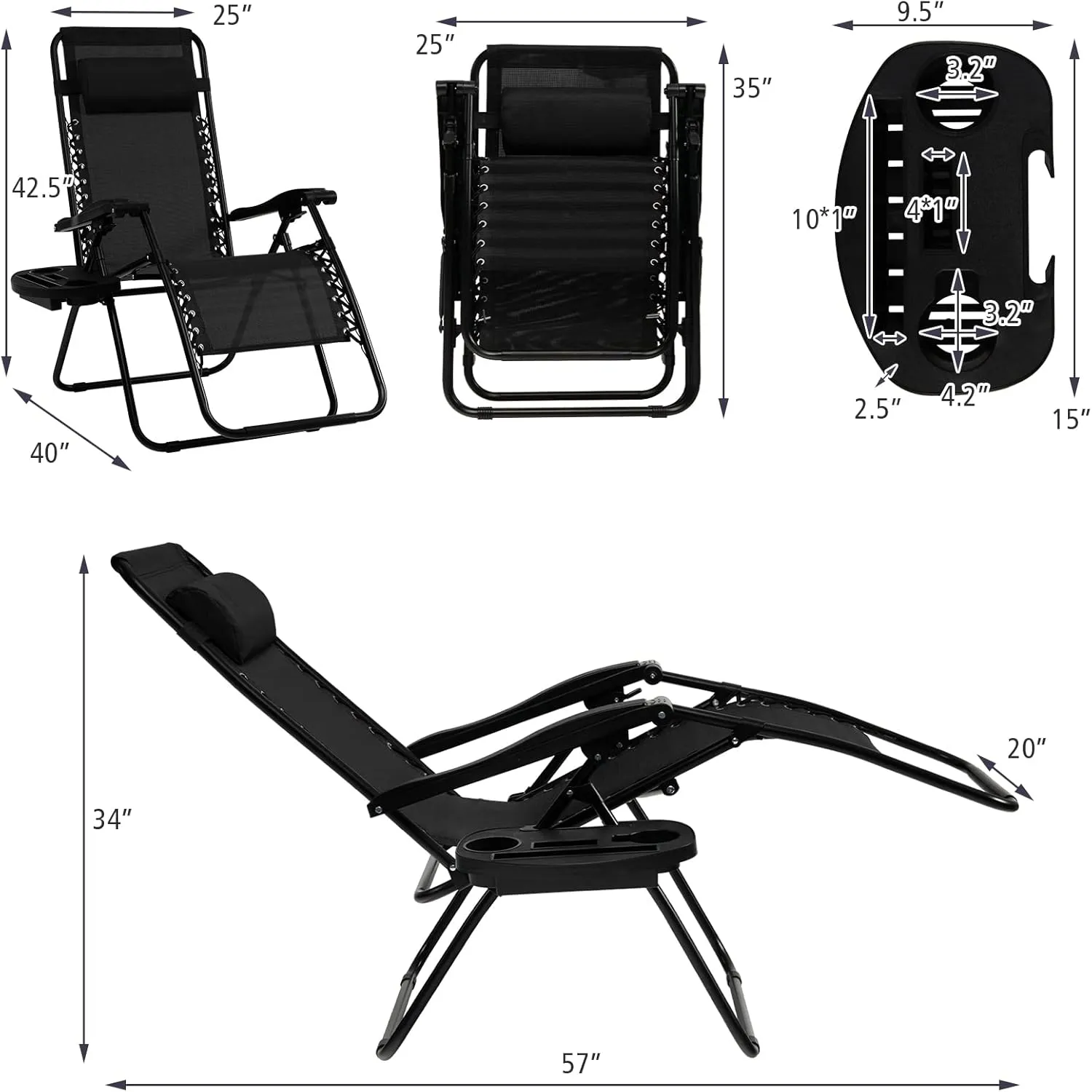 Tangkula Zero Gravity Chair, Folding Patio Lounge Chair Adjustable Outdoor Recliner with Cup Holder, Wide Armrest for Patio Garden Poolside Outdoor Yard Beach, Support 350 lbs (1, Black)