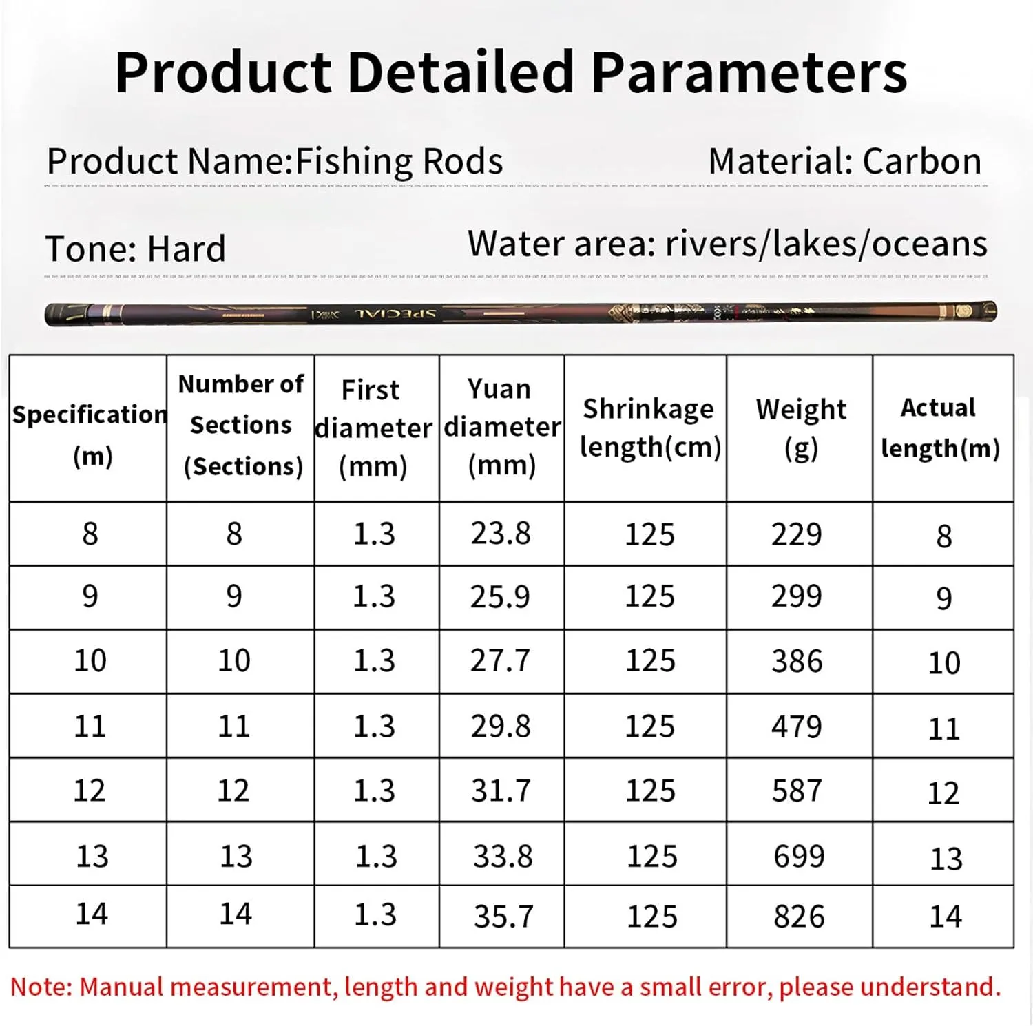 Telescopic Carbon Fiber Fishing Rod 8m 9m 10m 11m 12m 13m 14m Ultra-Light and Ultra-Hard Telescopic Fishing Poler Portable Baitcasting Rod for Rivers Lakes Oceans Fishing