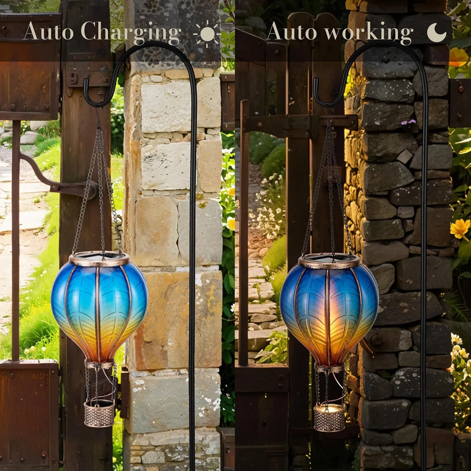 TERESA'S COLLECTIONS 2 Pack Hanging Solar Lantern Outdoor Garden Decor for Valentine,Waterproof Plastic Hot Air Balloon Blue Flickering Flame Effect Lantern for Yard Tree,Gift for Mom,18"