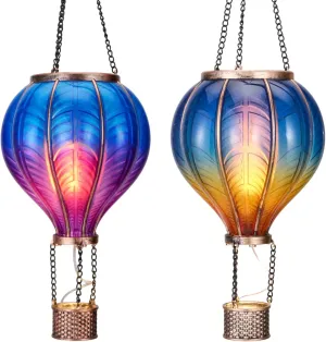 TERESA'S COLLECTIONS 2 Pack Hanging Solar Lantern Outdoor Garden Decor for Valentine,Waterproof Plastic Hot Air Balloon Blue Flickering Flame Effect Lantern for Yard Tree,Gift for Mom,18"