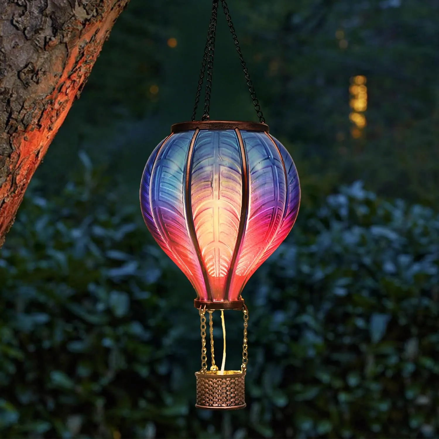 TERESA'S COLLECTIONS Hot Air Balloon Solar Lantern for Garden Decor Halloween Christmas Party,Flickering Flame Hanging Solar Light for Outdoor ,Blue & Purple Plastic Lamp for Yard Tree,Gift for Mom