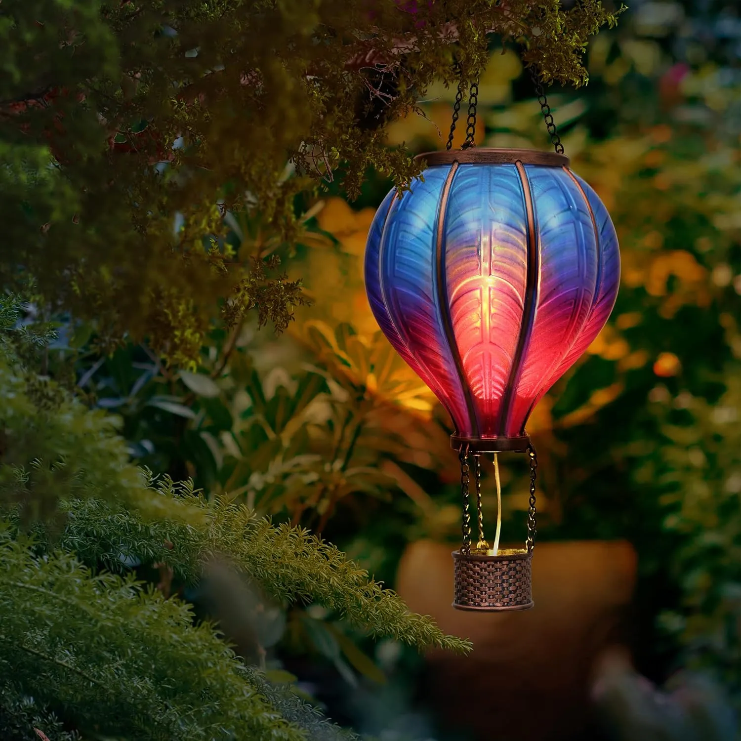 TERESA'S COLLECTIONS Hot Air Balloon Solar Lantern for Garden Decor Halloween Christmas Party,Flickering Flame Hanging Solar Light for Outdoor ,Blue & Purple Plastic Lamp for Yard Tree,Gift for Mom