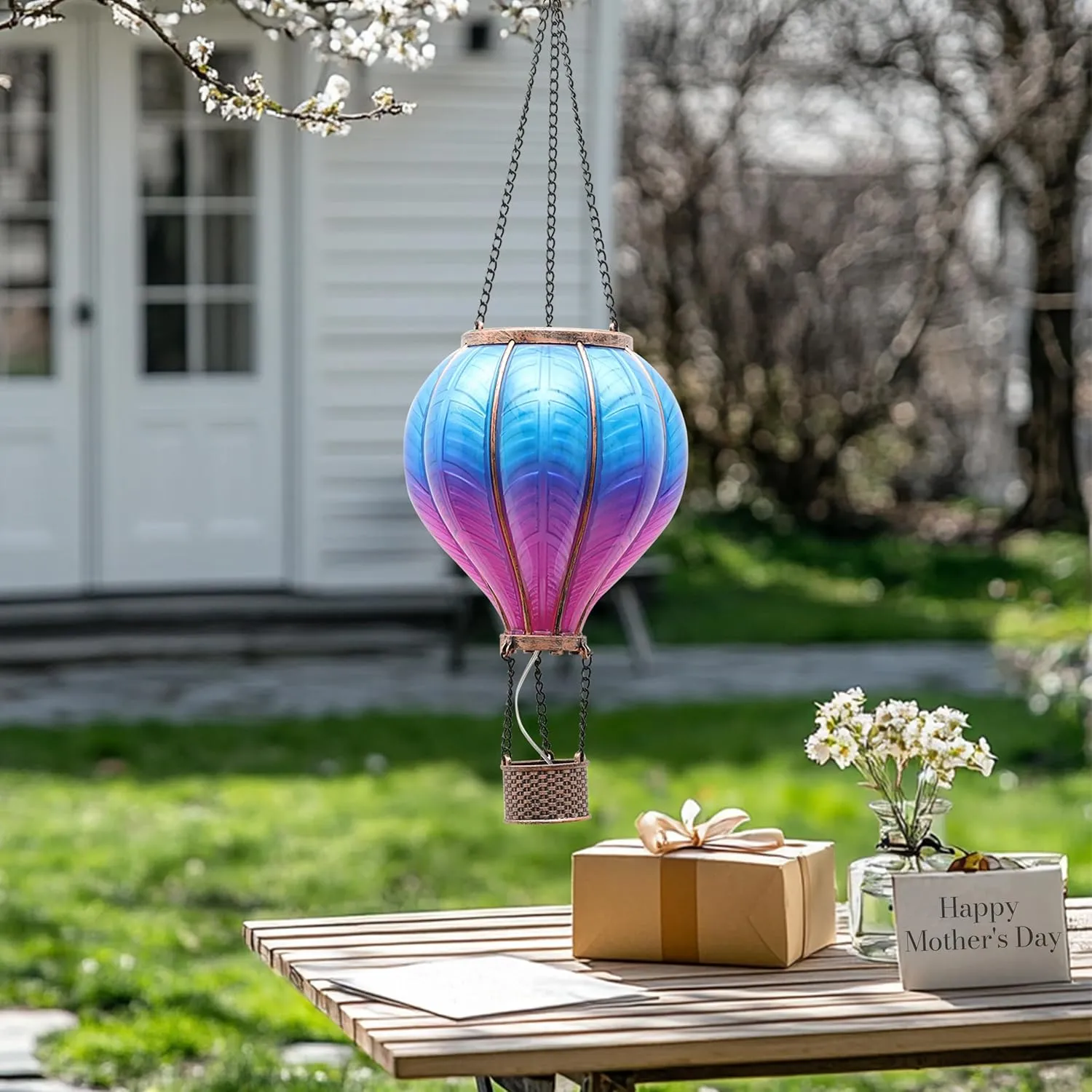 TERESA'S COLLECTIONS Hot Air Balloon Solar Lantern for Garden Decor Halloween Christmas Party,Flickering Flame Hanging Solar Light for Outdoor ,Blue & Purple Plastic Lamp for Yard Tree,Gift for Mom