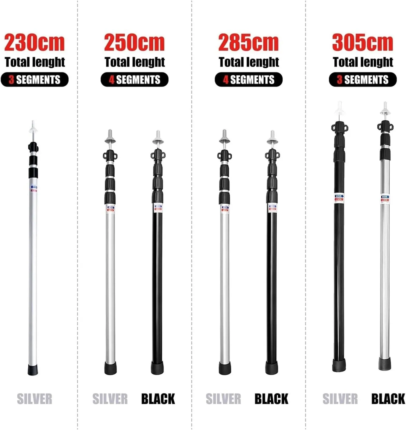 Thicken Aluminum Alloy Tent Pole Adjustable Tent Support Rod Beach Shelter Tarp Awning Pole Replacement Poles(Black 2pcs 3m)