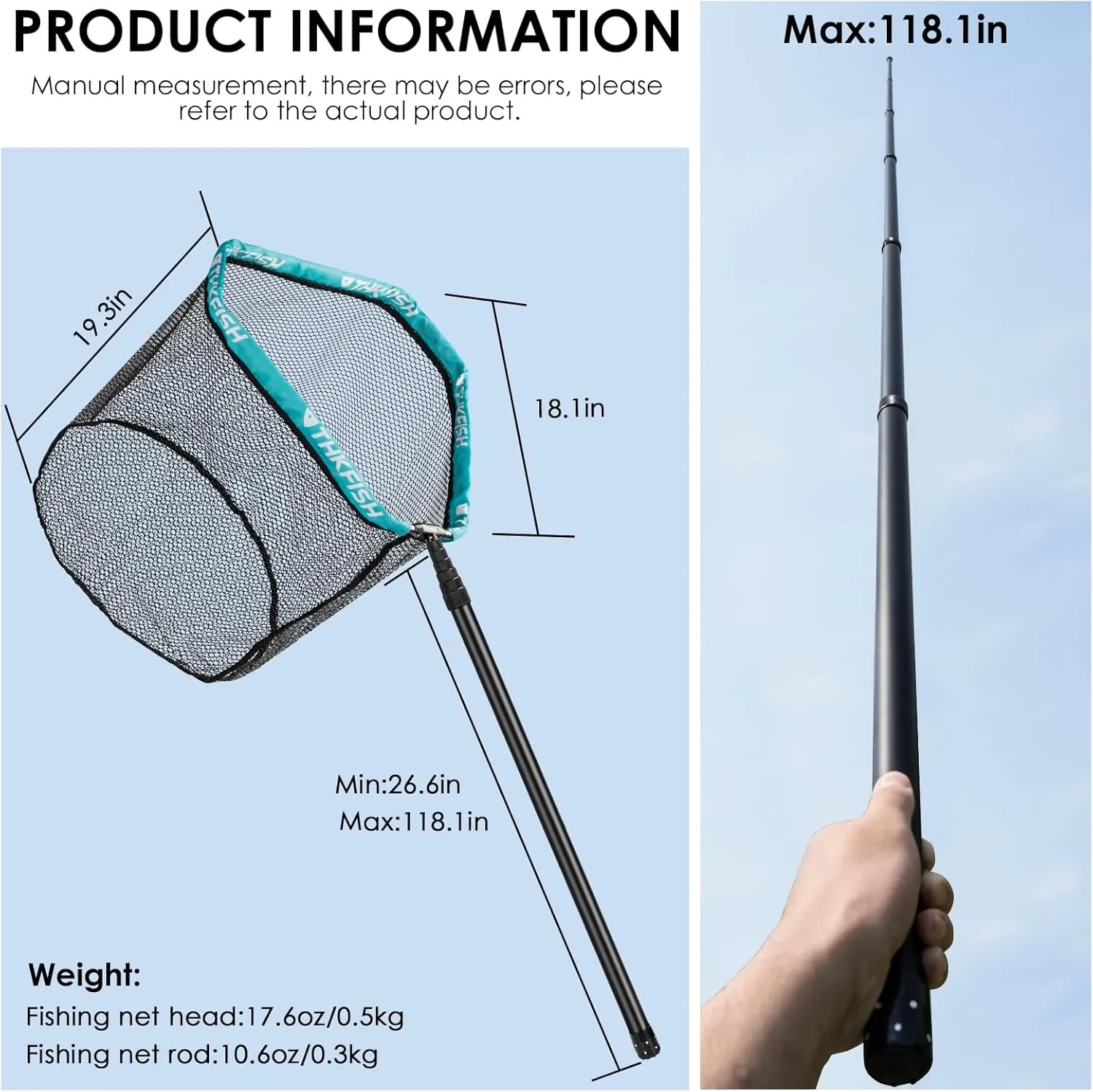 THKFISH Carbon Fiber Fishing Net - Long Handle, Portable Telescopic Landing Net - 27 to 157.5 Inch - Aluminum Mesh Frame Rubber Coated