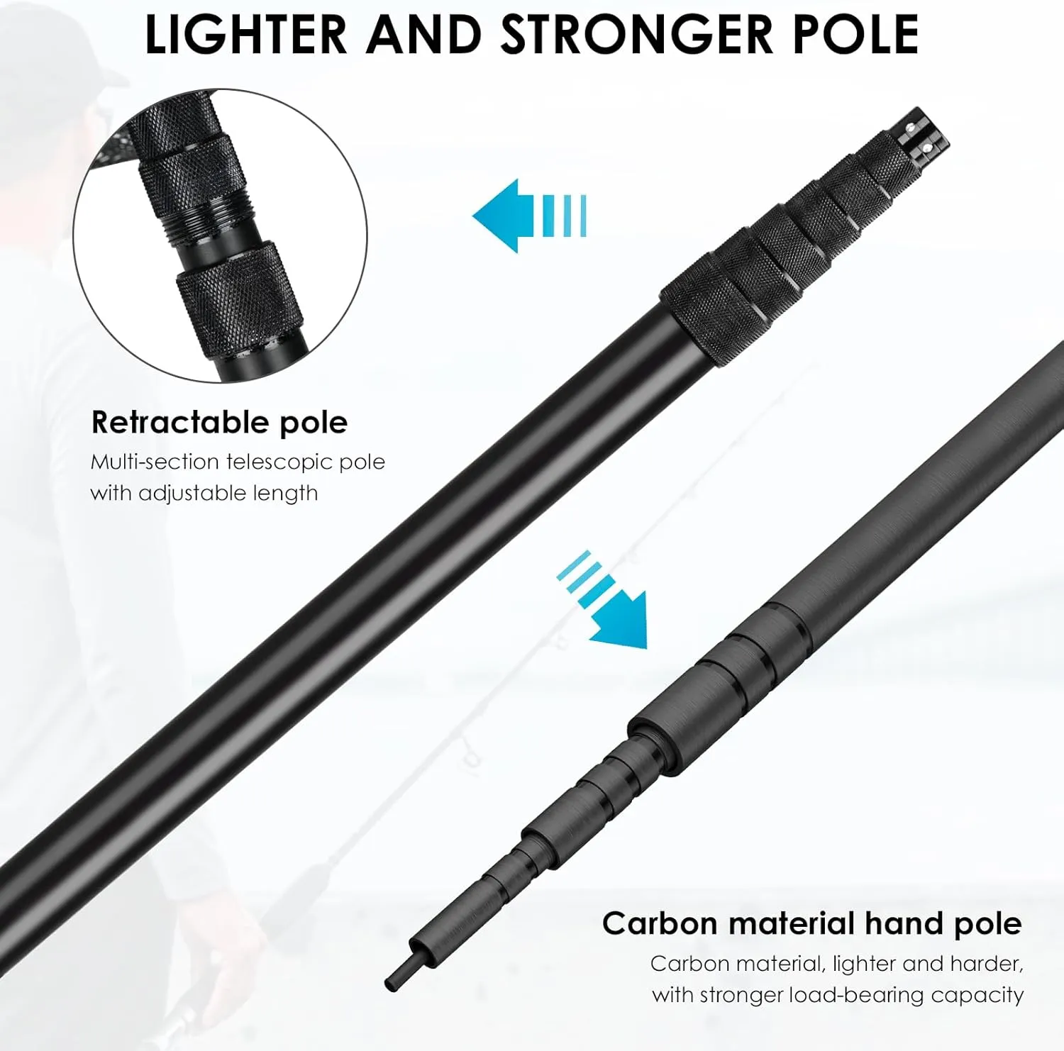 THKFISH Carbon Fiber Fishing Net - Long Handle, Portable Telescopic Landing Net - 27 to 157.5 Inch - Aluminum Mesh Frame Rubber Coated