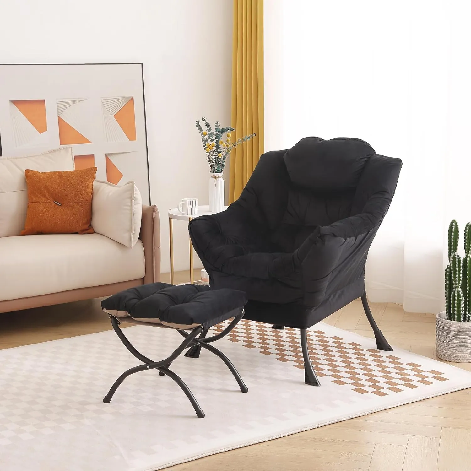 Tiita Lazy Chair with Ottoman, Modern Large Accent Lounge Armchair, Comfy Leisure Sofa Reading Chair with Footrest for Bedroom, Living Room, Dorm Rooms, Garden and Courtyard, Velvet Black