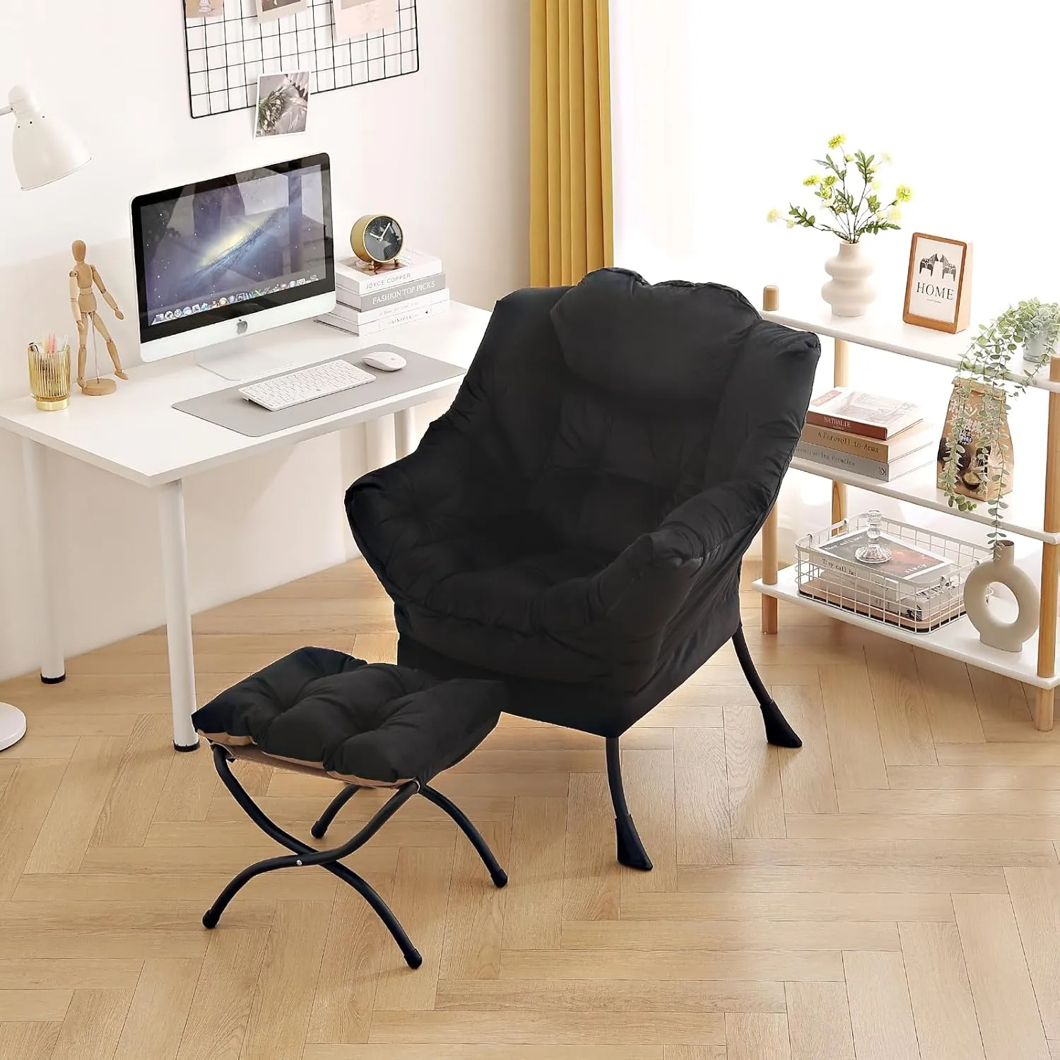 Tiita Lazy Chair with Ottoman, Modern Large Accent Lounge Armchair, Comfy Leisure Sofa Reading Chair with Footrest for Bedroom, Living Room, Dorm Rooms, Garden and Courtyard, Velvet Black