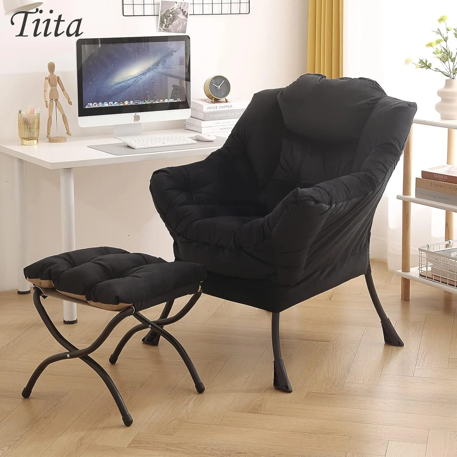 Tiita Lazy Chair with Ottoman, Modern Large Accent Lounge Armchair, Comfy Leisure Sofa Reading Chair with Footrest for Bedroom, Living Room, Dorm Rooms, Garden and Courtyard, Velvet Black