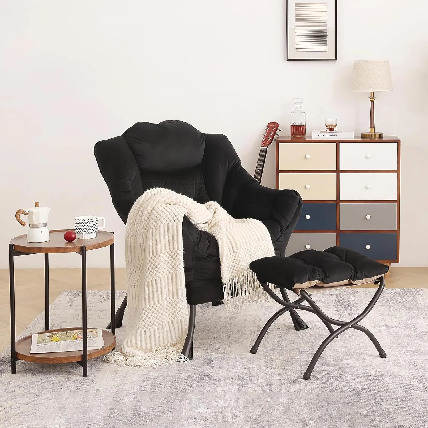 Tiita Lazy Chair with Ottoman, Modern Large Accent Lounge Armchair, Comfy Leisure Sofa Reading Chair with Footrest for Bedroom, Living Room, Dorm Rooms, Garden and Courtyard, Velvet Black