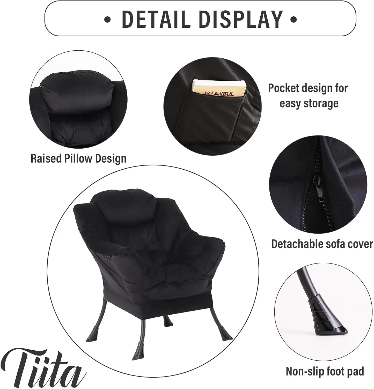 Tiita Lazy Chair with Ottoman, Modern Large Accent Lounge Armchair, Comfy Leisure Sofa Reading Chair with Footrest for Bedroom, Living Room, Dorm Rooms, Garden and Courtyard, Velvet Black