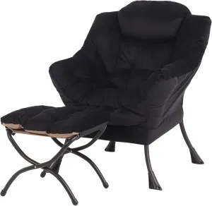 Tiita Lazy Chair with Ottoman, Modern Large Accent Lounge Armchair, Comfy Leisure Sofa Reading Chair with Footrest for Bedroom, Living Room, Dorm Rooms, Garden and Courtyard, Velvet Black